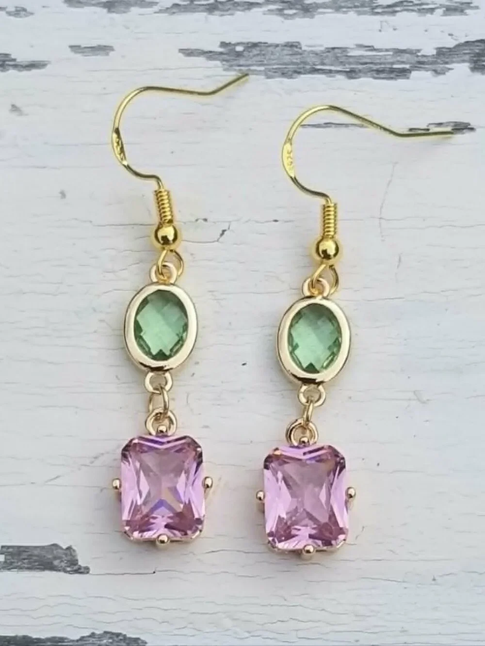 14k Gold Pink Tourmaline & Peridot Dangle Earrings, Tourmaline Peridot Jewelry